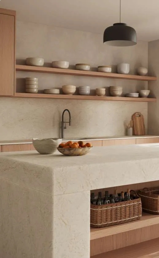 Caesarstone<sup>®</sup> Taj Whisper™ 8251 ICON Mineral island benchtop and splashback in warm contemporary kitchen with open timber shelving