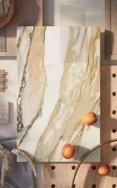 Caesarstone<sup>®</sup> Antikella™ 536 porcelain surface swatch on design mood board with timber and stone samples
