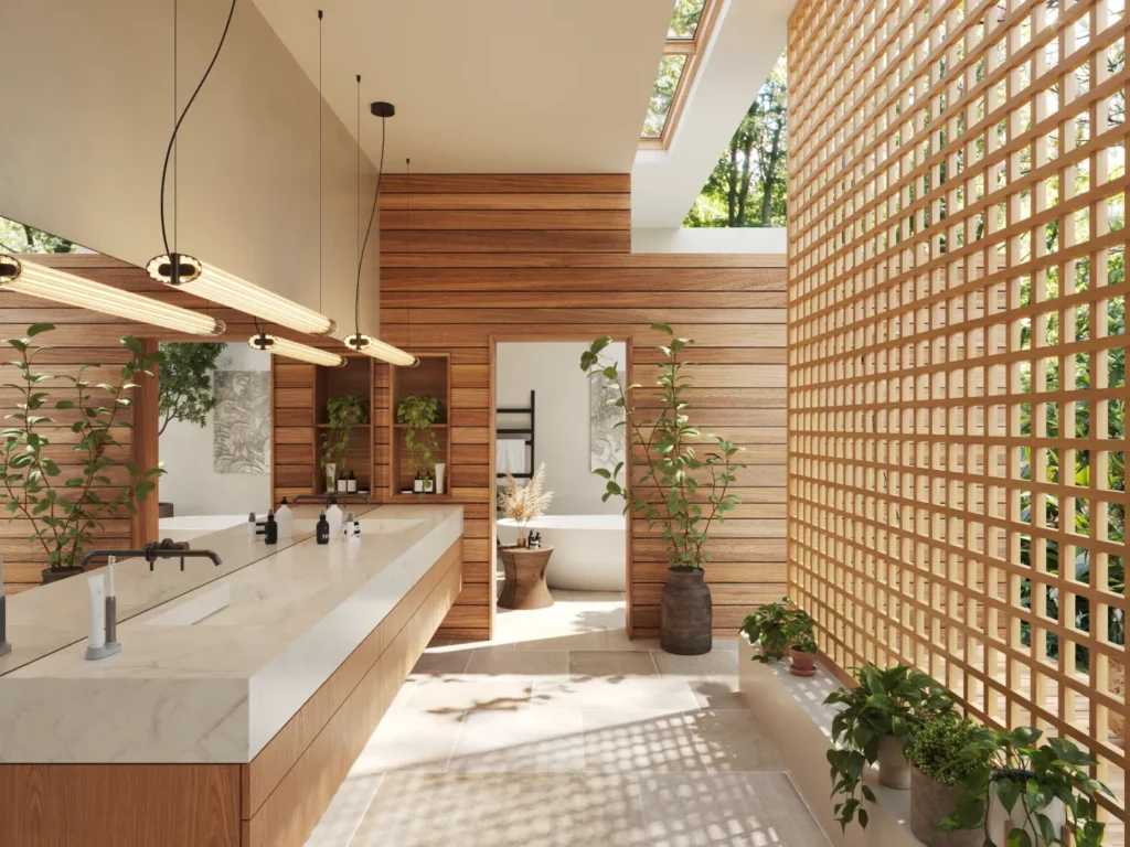 Caesarstone<sup>®</sup> benchtop with dual basins in an indoor-outdoor bathroom space featuring a timber screen wall, pendant lighting and lush greenery