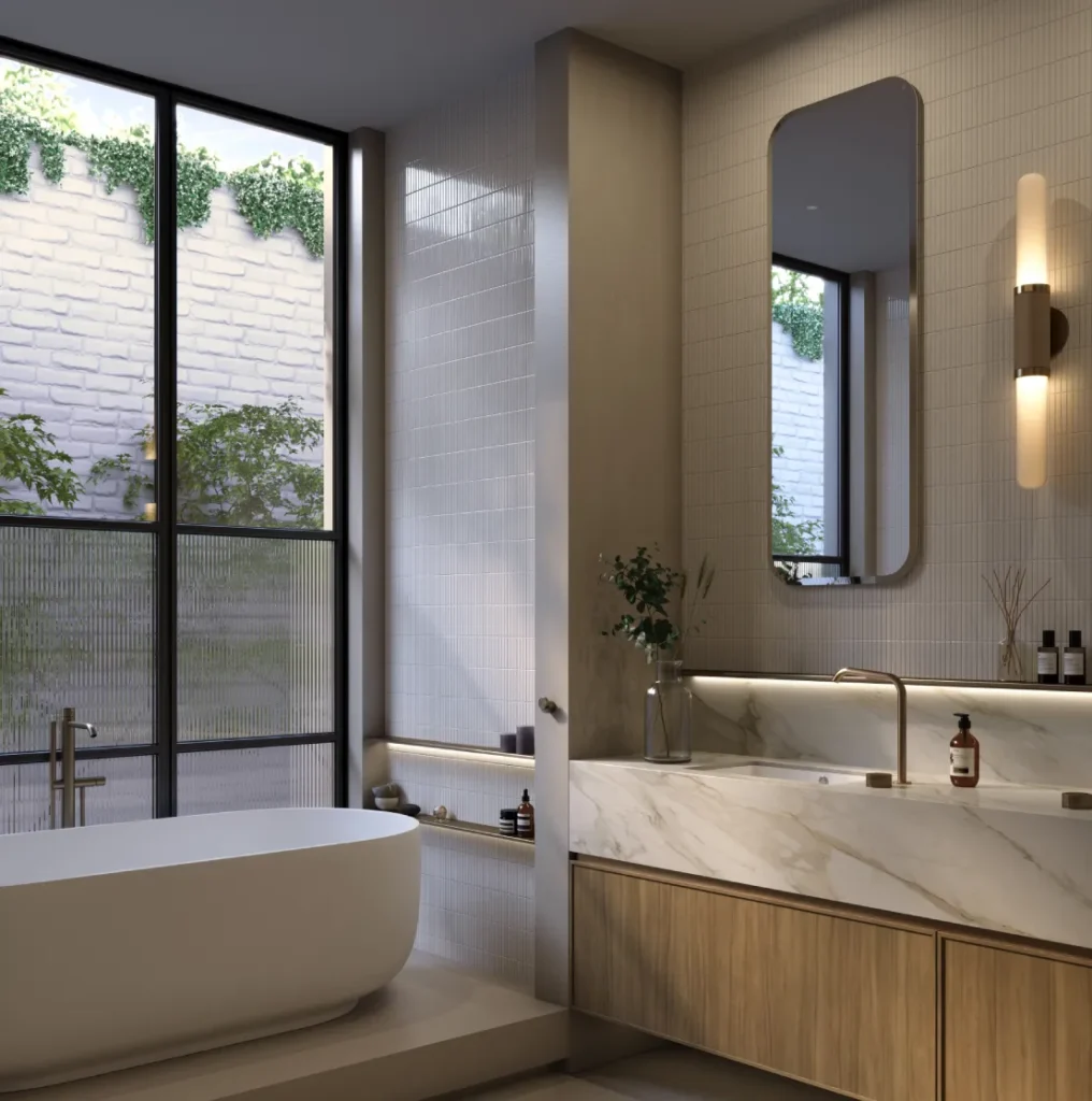Caesarstone<sup>®</sup> vanity benchtop with soft marble veining beside a freestanding tub in a light-filled bathroom with a courtyard window