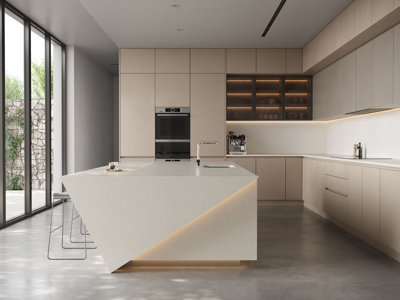 Modern kitchen with a Caesarstone<sup>®</sup> Organic White waterfall island, timber cabinetry and illuminated display shelving.