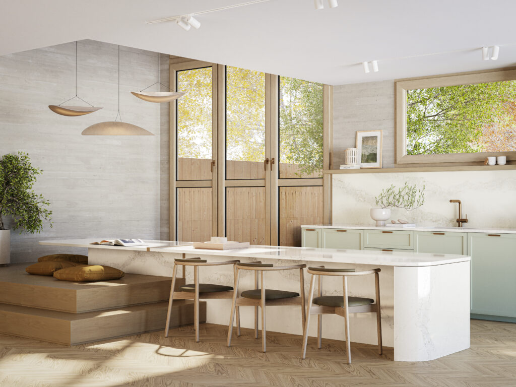 Soft sage green kitchen cabinetry paired with a sweeping, curved Caesarstone<sup>®</sup> Calacatta Stillstorm island benchtop, matching stone splashback, and natural timber elements in a light-filled architectural home.