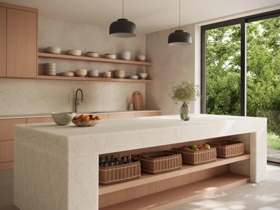 Close-up of a clean Caesarstone<sup>®</sup> kitchen benchtop in Taj Whisper beige white tone